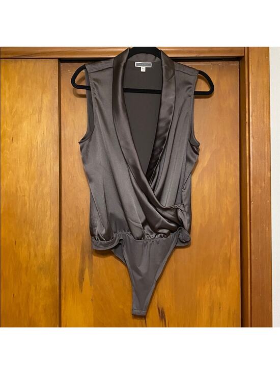 Pleione Tops - Pleione Satin Sleeveless Bodysuit in Taupe Open Front Deep V Sexy Vixen Classy